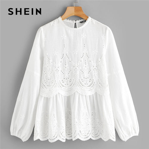 SHEIN Laser Cut Insert Scalloped Peplum Blouse 2019 White Eyelet Embroidery Long Sleeve Bishop Sleeve Womens Tops And Blouses