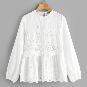 SHEIN Laser Cut Insert Scalloped Peplum Blouse 2019 White Eyelet Embroidery Long Sleeve Bishop Sleeve Womens Tops And Blouses