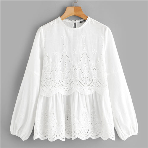 SHEIN Laser Cut Insert Scalloped Peplum Blouse 2019 White Eyelet Embroidery Long Sleeve Bishop Sleeve Womens Tops And Blouses