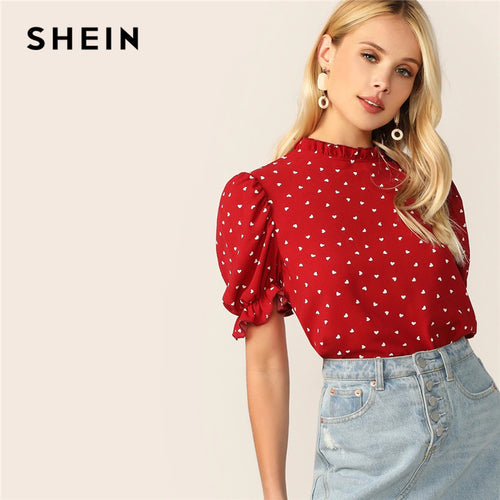 SHEIN Frilled Neck Puff Sleeve Confetti Heart Print Top Red Stand Collar Short Sleeve Blouse Elegant Women Summer Blouses