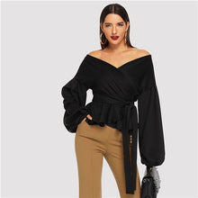 Load image into Gallery viewer, SHEIN White Office Lady Elegant Lantern Sleeve Surplice Peplum Off the Shoulder Solid Blouse Autumn Sexy Women Tops And Blouses