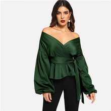 Load image into Gallery viewer, SHEIN White Office Lady Elegant Lantern Sleeve Surplice Peplum Off the Shoulder Solid Blouse Autumn Sexy Women Tops And Blouses