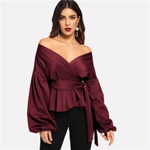 Load image into Gallery viewer, SHEIN White Office Lady Elegant Lantern Sleeve Surplice Peplum Off the Shoulder Solid Blouse Autumn Sexy Women Tops And Blouses