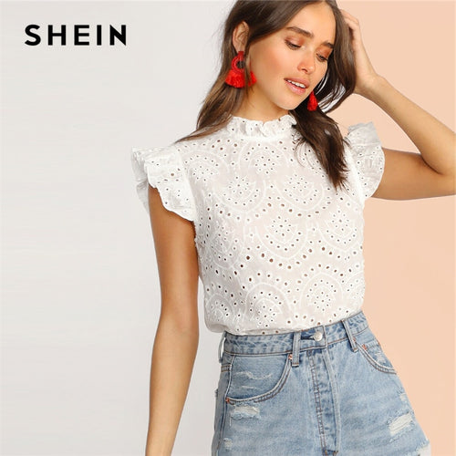 SHEIN Mock-Neck Ruffle Trim Embroidery Eyelet Top Boho White Pink Solid Sleeveless Stand Collar Blouse Women Tops and Blouses