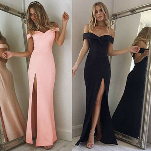 Hot Women's Off Shoulder Dresses Casual Long Maxi Evening Party Beach Long Dress Solid Pink Black V-neck Summer Costume