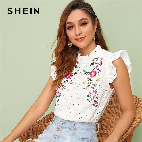 SHEIN Ruffle Trim Embroidered Detail Schiffy Top 2019 White Stand Collar Summer Button Boho Butterfly Sleeve Blouses